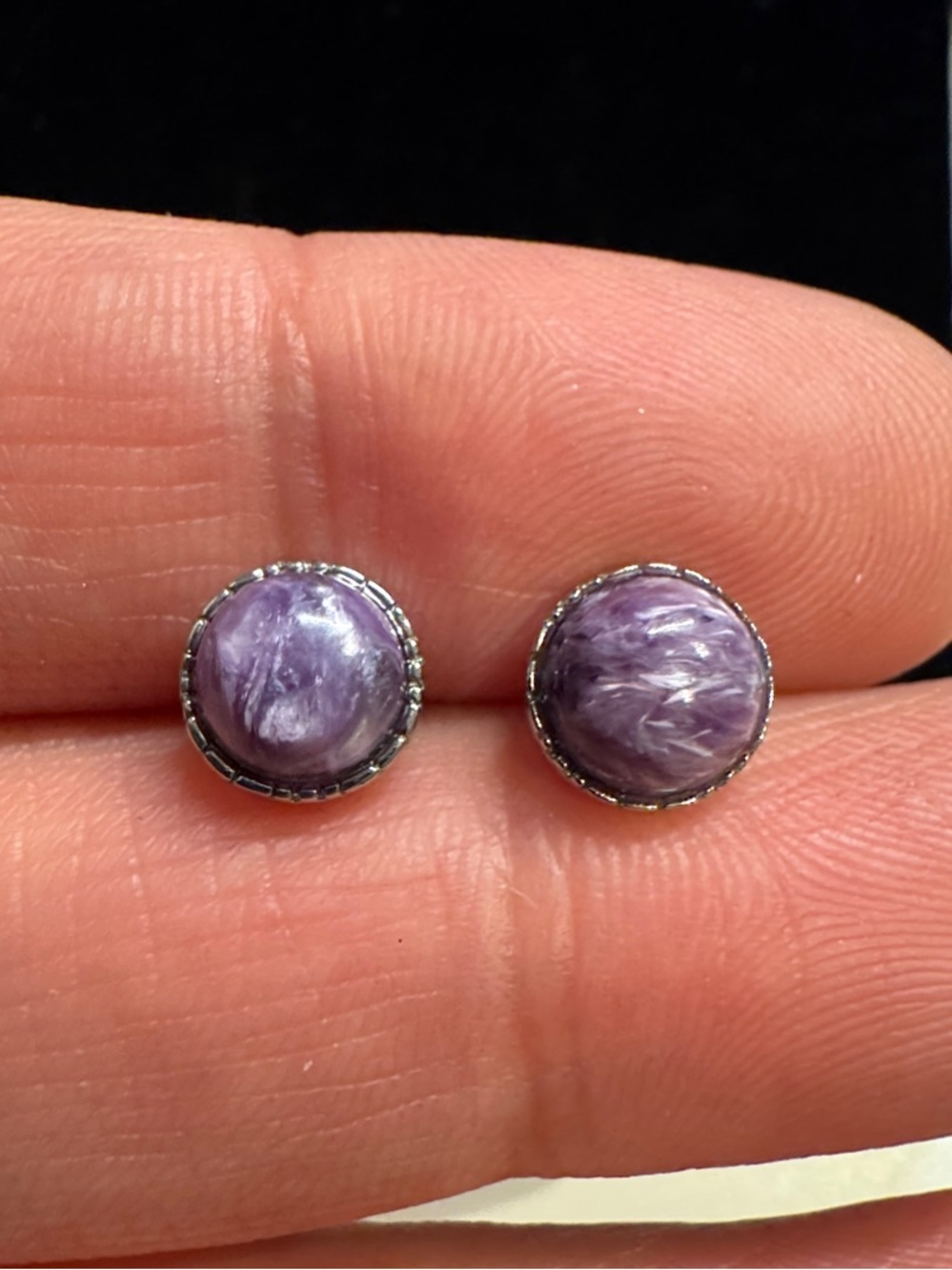 CHAROITE 925 Sterling silver Round Stone Stud Earrings - Women Jewelry